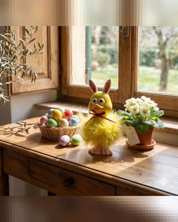 Statua Pulcino Pasquale con Orecchie da Coniglio – Decorazione in Ceramica