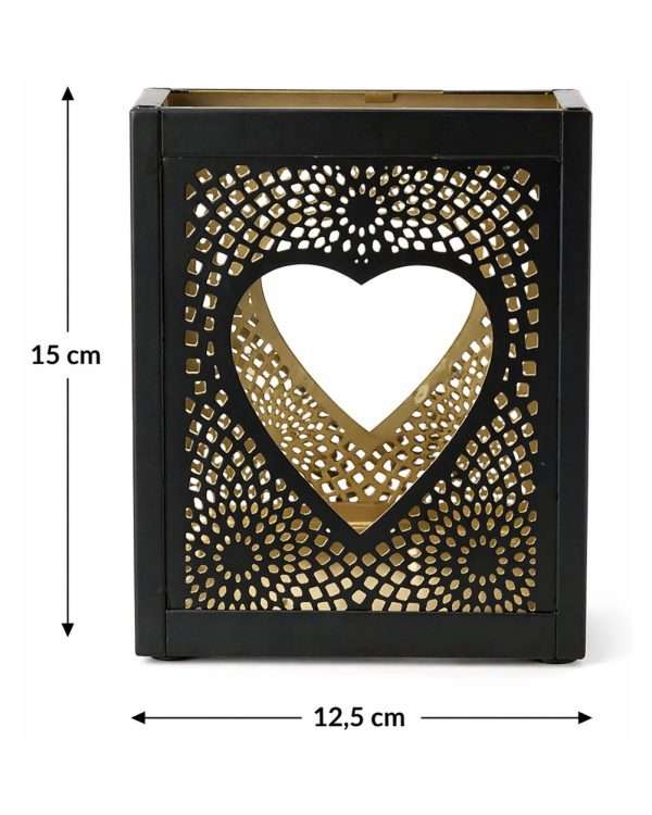 Portacandele Lanterna Moderno in Metallo Nero e Oro – Cuore Traforato