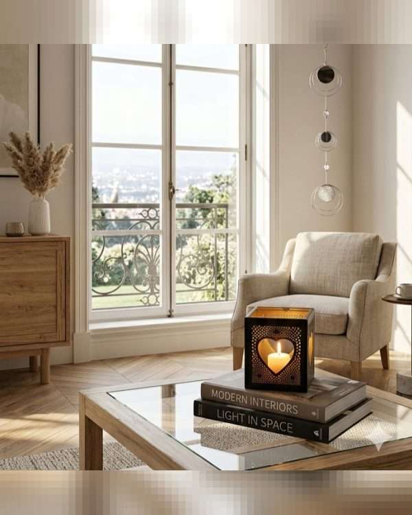 Portacandele Lanterna Moderno in Metallo Nero e Oro – Cuore Traforato