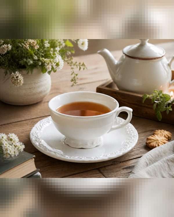 Tazza da Tè con Piattino in Ceramica Bianca