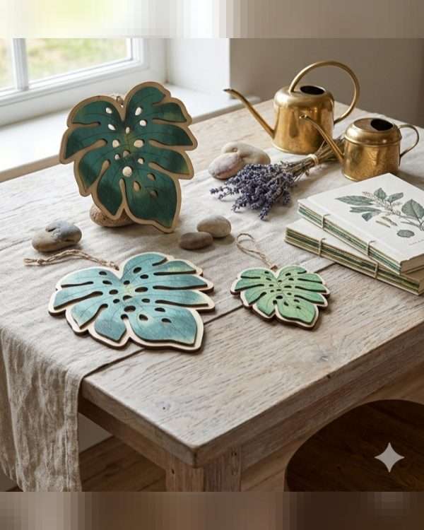 Set 3 Foglie di Monstera Decorative in Legno – Decorazioni Pendenti Tropicali