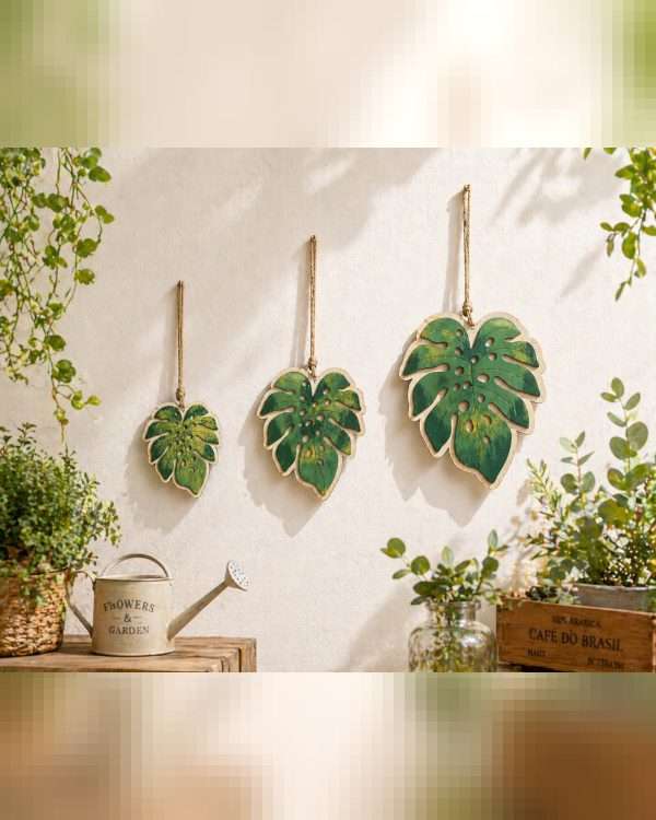 Set 3 Foglie di Monstera Decorative in Legno – Decorazioni Pendenti Tropicali