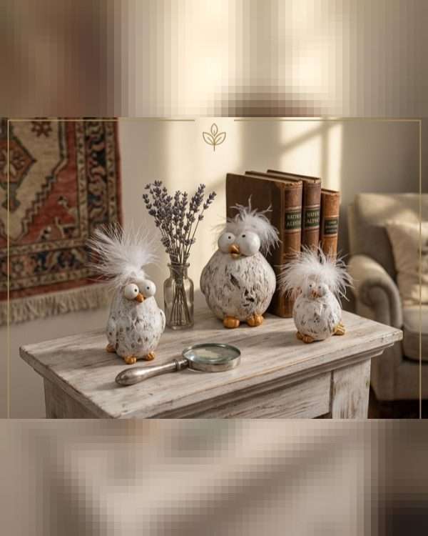 Set 3 Civette Decorative "Crazy Bird" – Statuine con Piume