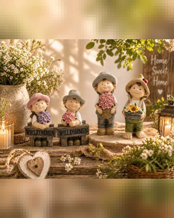 Statuine Bimbi con Fiori e Insegna "Willkommen" – Decorazioni da Giardino in Resina