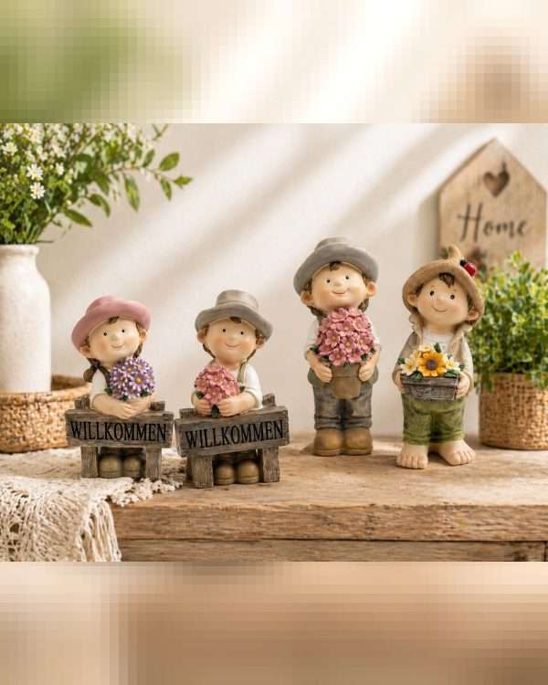 Statuine Bimbi con Fiori e Insegna "Willkommen" – Decorazioni da Giardino in Resina