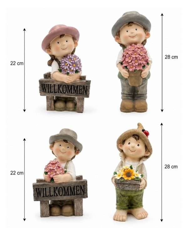 Statuine Bimbi con Fiori e Insegna "Willkommen" – Decorazioni da Giardino in Resina