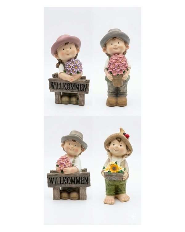 Statuine Bimbi con Fiori e Insegna "Willkommen" – Decorazioni da Giardino in Resina