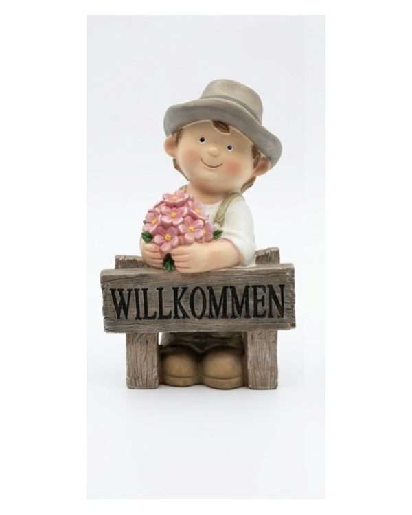 Statuine Bimbi con Fiori e Insegna "Willkommen" – Decorazioni da Giardino in Resina