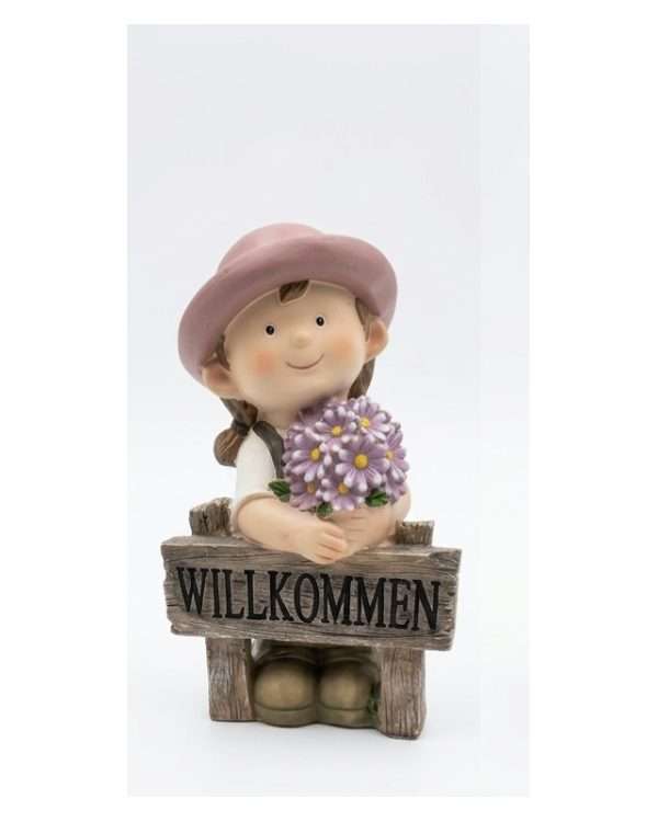 Statuine Bimbi con Fiori e Insegna "Willkommen" – Decorazioni da Giardino in Resina