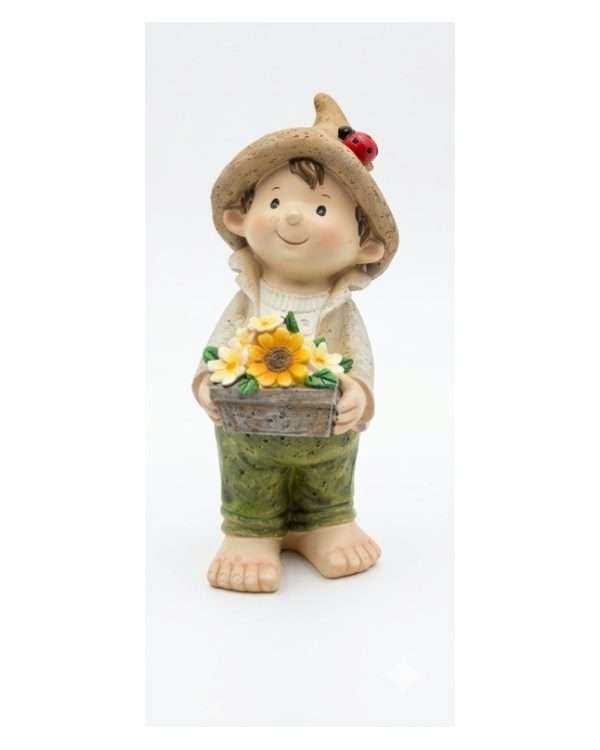 Statuine Bimbi con Fiori e Insegna "Willkommen" – Decorazioni da Giardino in Resina