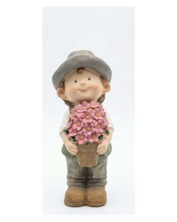 Statuine Bimbi con Fiori e Insegna "Willkommen" – Decorazioni da Giardino in Resina