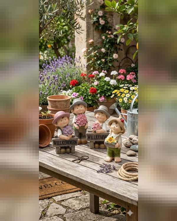 Statuine Bimbi con Fiori e Insegna "Willkommen" – Decorazioni da Giardino in Resina