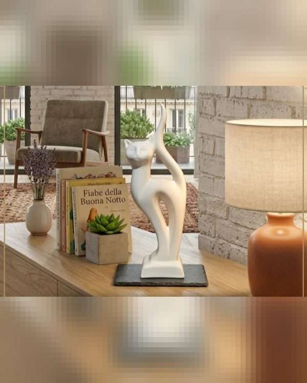 Statua Gatto Elegante in Ceramica Bianca – Scultura Stilizzata Moderna