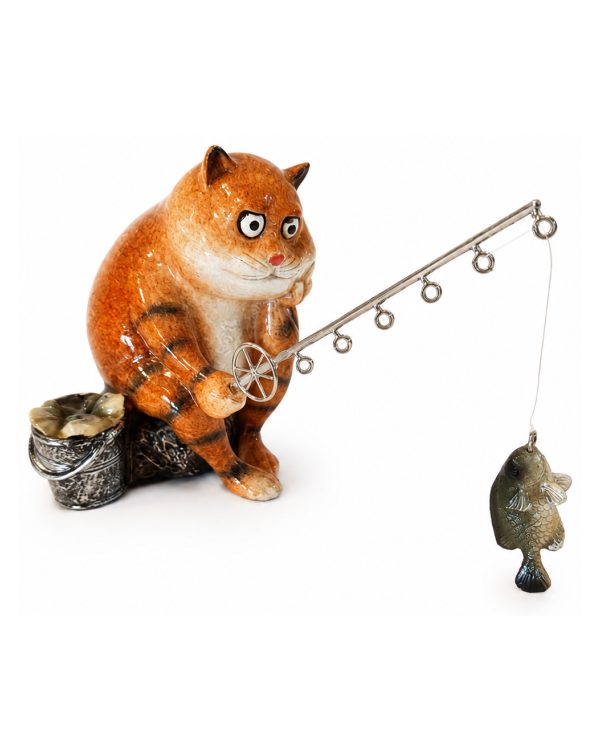 Statuina Gatto Pescatore in Resina – Scultura Collezionabile "Funny Cats"