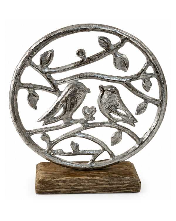 Scultura Circolare "Uccellini su Ramo" in Alluminio e Legno