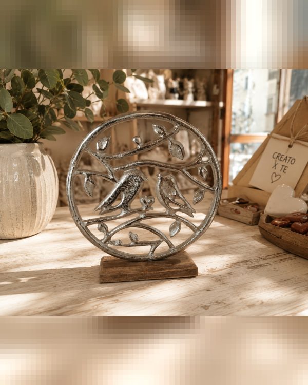 Scultura Circolare "Uccellini su Ramo" in Alluminio e Legno
