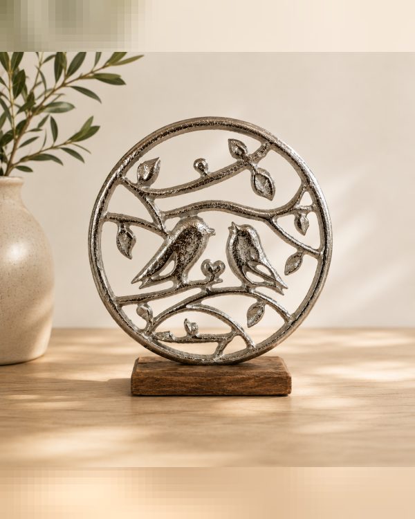 Scultura Circolare "Uccellini su Ramo" in Alluminio e Legno