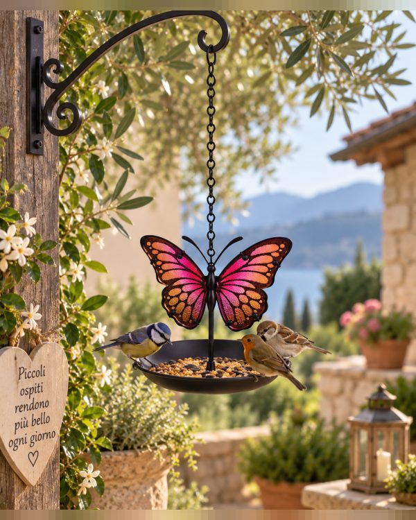 ​Mangiatoia Sospesa per Uccelli con Farfalla in Vetro Colorato – Abbeveratoio da Giardino in Metallo