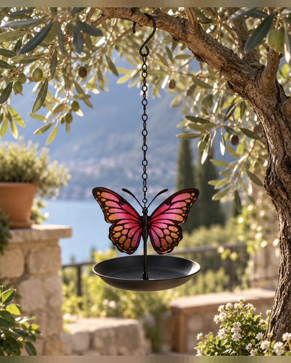 ​Mangiatoia Sospesa per Uccelli con Farfalla in Vetro Colorato – Abbeveratoio da Giardino in Metallo