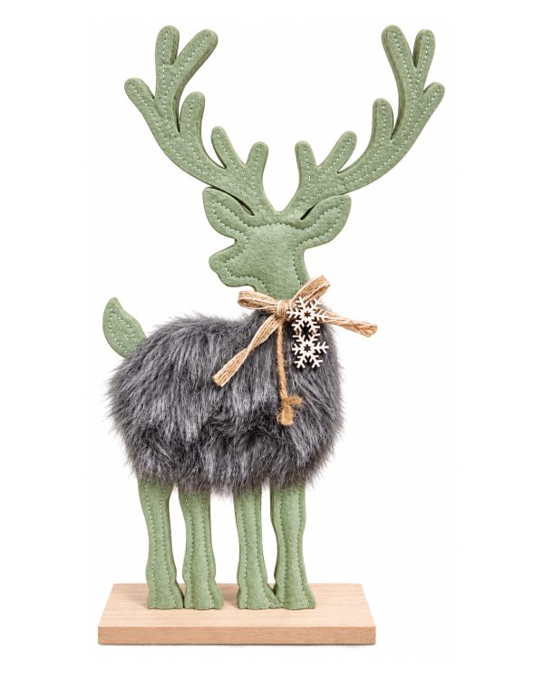 Renna Natalizia in Feltro e Pelliccia Sintetica – Decorazione di Natale Nordic Style su Base in Legno