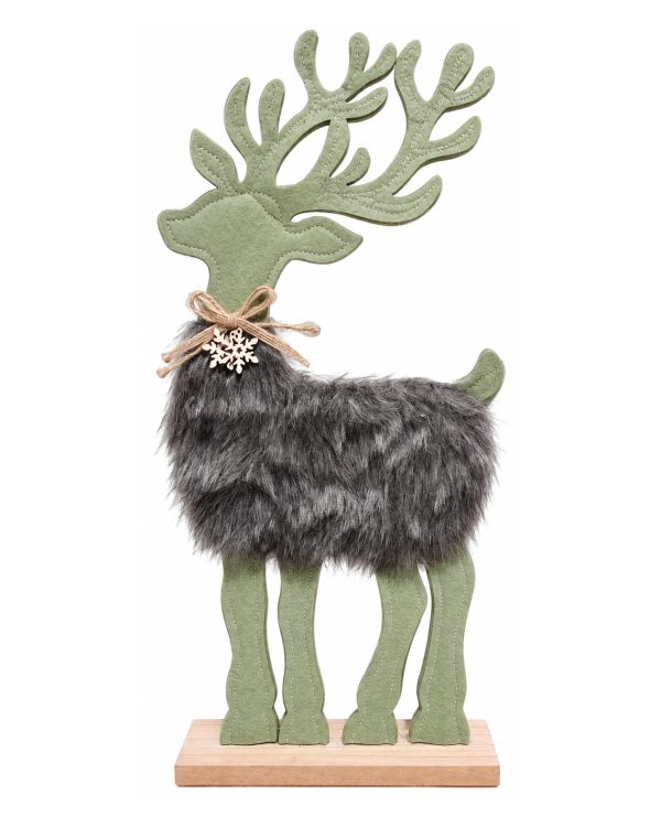 Renna Natalizia in Feltro e Pelliccia Sintetica – Decorazione di Natale Nordic Style su Base in Legno