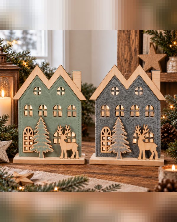 Decorazione Natalizia Casetta in Feltro e Legno – Paesaggio di Natale con Albero