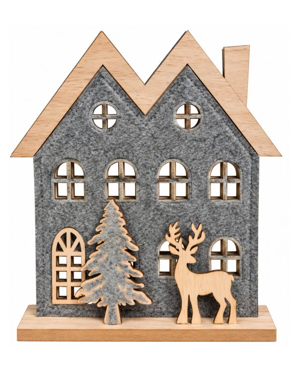 Decorazione Natalizia Casetta in Feltro e Legno – Paesaggio di Natale con Albero