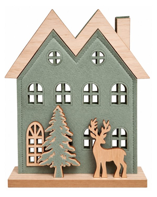Decorazione Natalizia Casetta in Feltro e Legno – Paesaggio di Natale con Albero